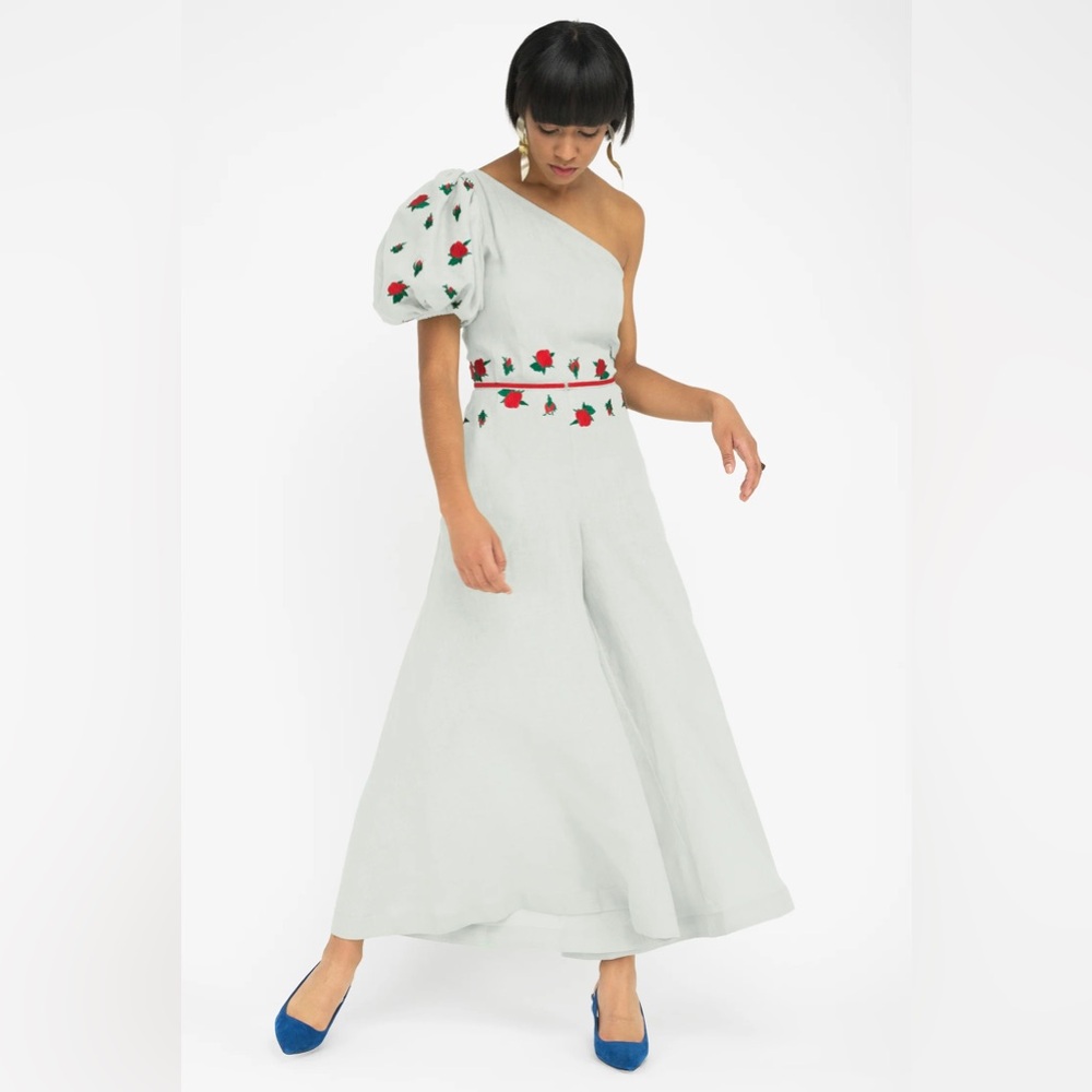 Fanm Mon One-Shoulder White Jumpsuit with Red Rose Embroidery